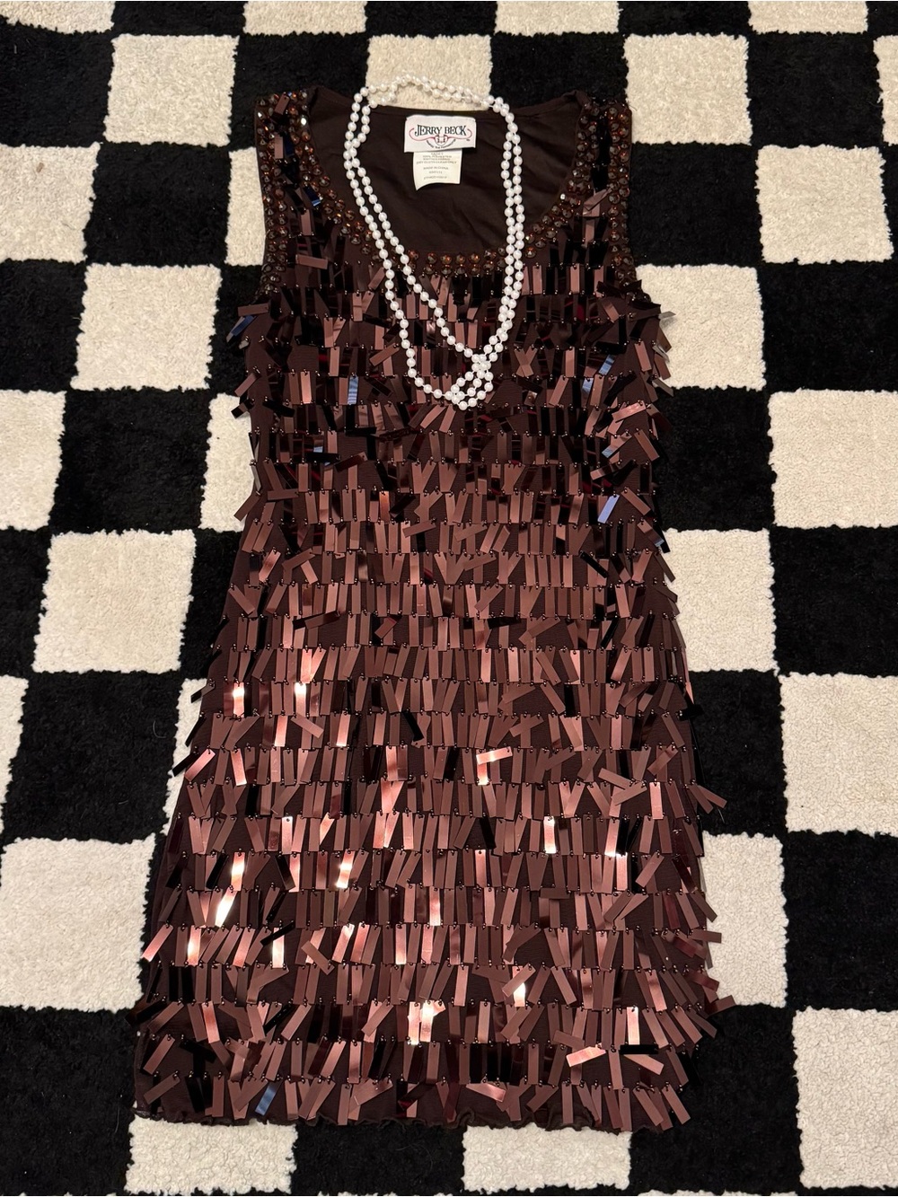 Jerry Beck Flapper Brown Sequin Fringe Flapper Dress & Faux Pearl Necklace XS